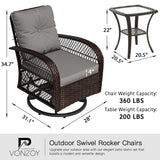 VONZOY 3 Pieces Patio Furniture Set, Outdoor Swivel Glider Rocker, Wicker Patio Bistro Set with Rocking Chair, Thickened Cushions and Table for Porch (Grey) VONZOY