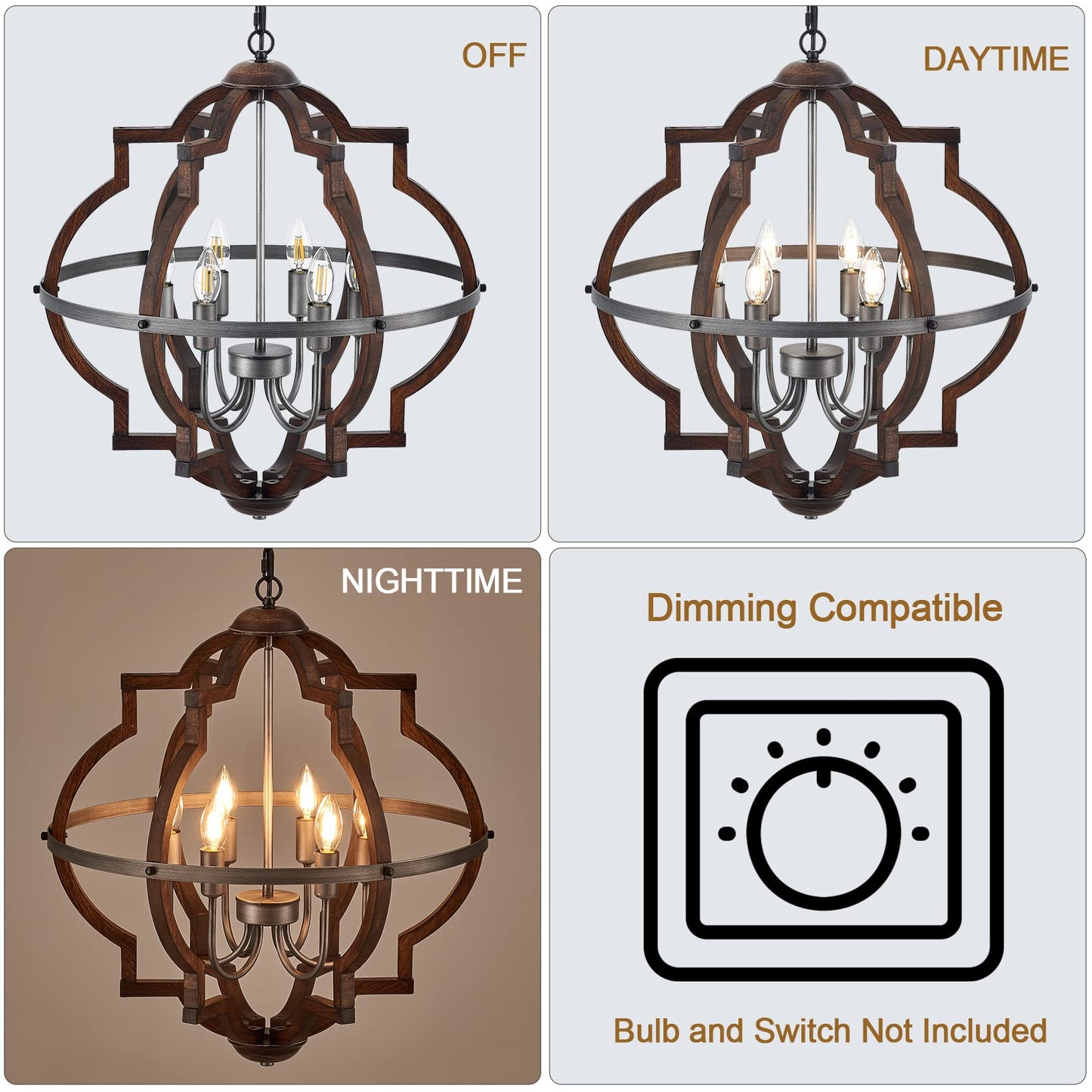 TACDANDM 23'' 6-Light Wood Farmhouse Chandelier for Dining Room Vintage Rustic Oak Brown Pendant Light Fixtures Globe Hanging Ceiling Lighting for Hallway Entryway Foyer Kitchen Living Room Bedroom