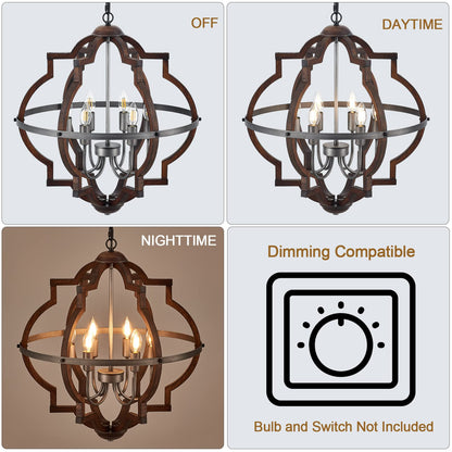 TACDANDM 23'' 6-Light Wood Farmhouse Chandelier for Dining Room Vintage Rustic Oak Brown Pendant Light Fixtures Globe Hanging Ceiling Lighting for Hallway Entryway Foyer Kitchen Living Room Bedroom