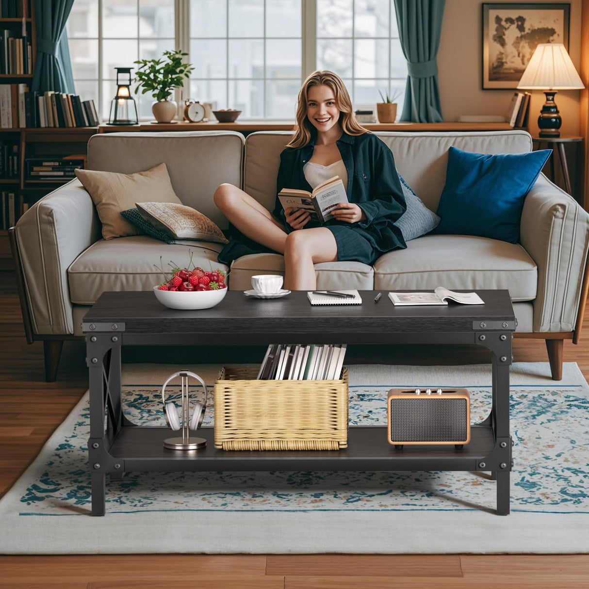 Rectangle Coffee Tables for Living Room, Wood Rectangular Coffee Table, 2 Tier Industrial Modern Center Table with Thickened Tabletop and Metal Frame, 40 inch Long (Black) AntsandAnts