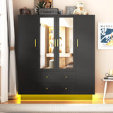 4 Doors Armoire Wardrobe Closet with Mirror, LED Armoire with Doors and Drawers, Wooden Wardrobe Storage Cabinet with Hanging Rod, Adjustable Shelves, Black chartustriable