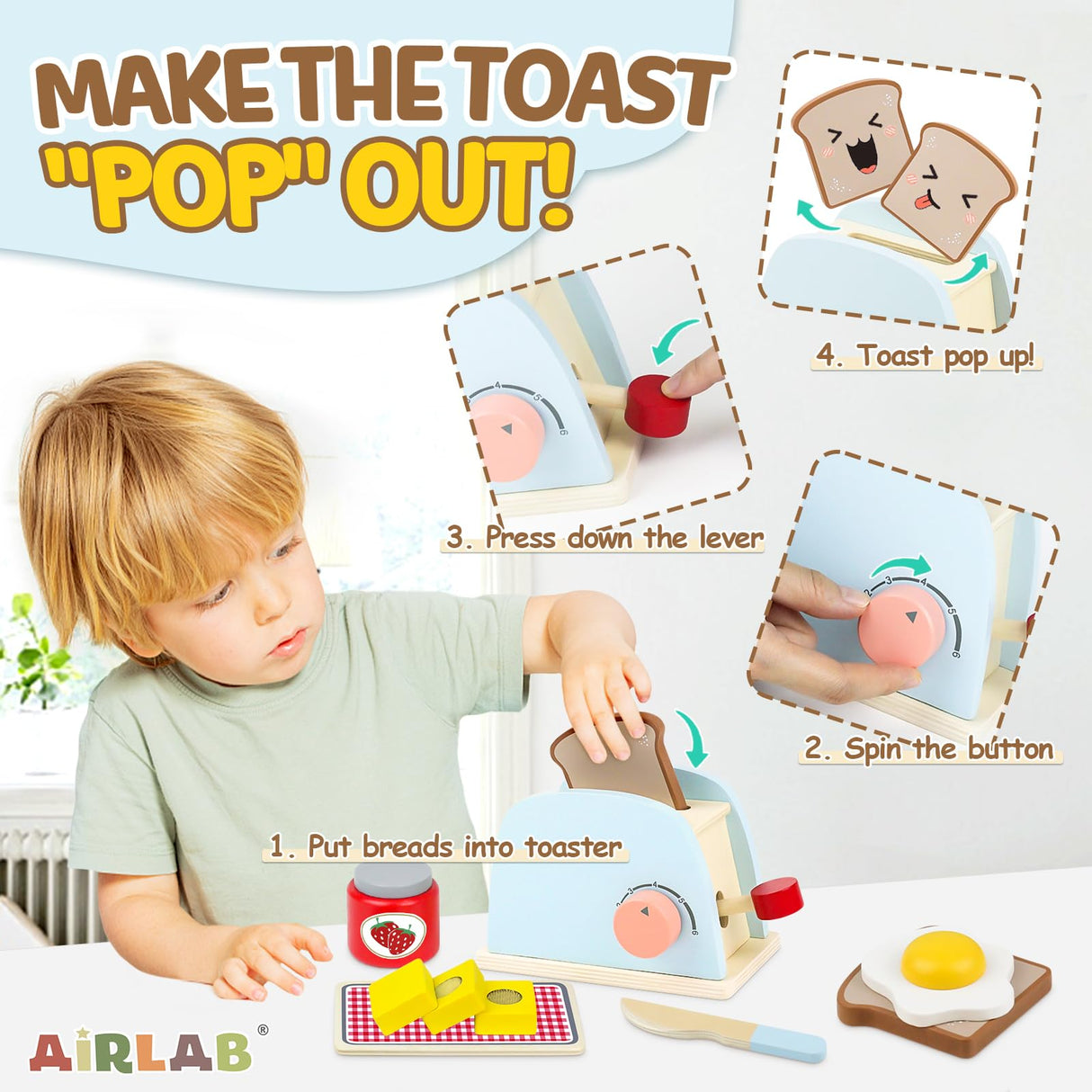Airlab Wooden Pop-up Toaster Toy Play Kitchen Accessories Play Food Bread, Butter, Poached Egg Cutting Pretend Toys for 3 4 5 Year Old Toddlers Boys Girls Airlab