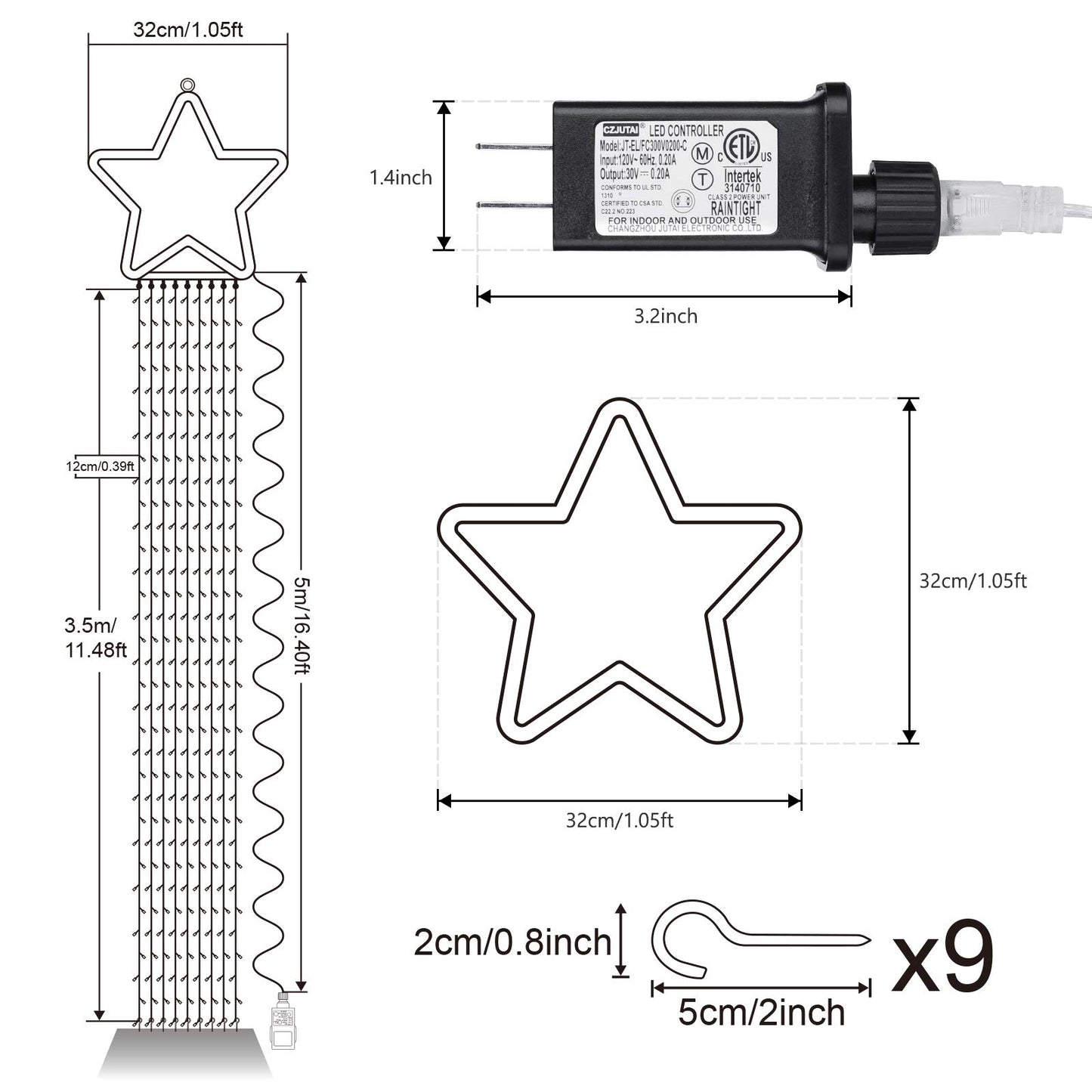 Toodour Christmas Decorations Outdoor Star Lights, 317 LED 10ft X 9 Waterfall Tree Lights with 12" Topper Star, 8 Lighting Modes Outside Christmas Lights for Yard Garden Holiday Decor (White)