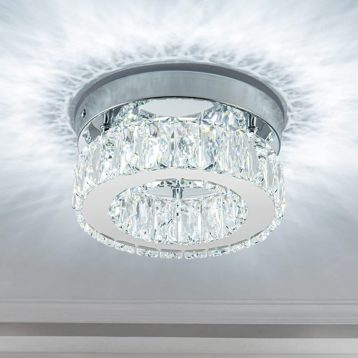 Mini Modern Crystal Chandeliers Flush Mount Ceiling Light Fixture LED Mini Chandeliers with Crystals Hallway Light Bedroom Chandelier for Bathroom Kitchen Office HomLaiting
