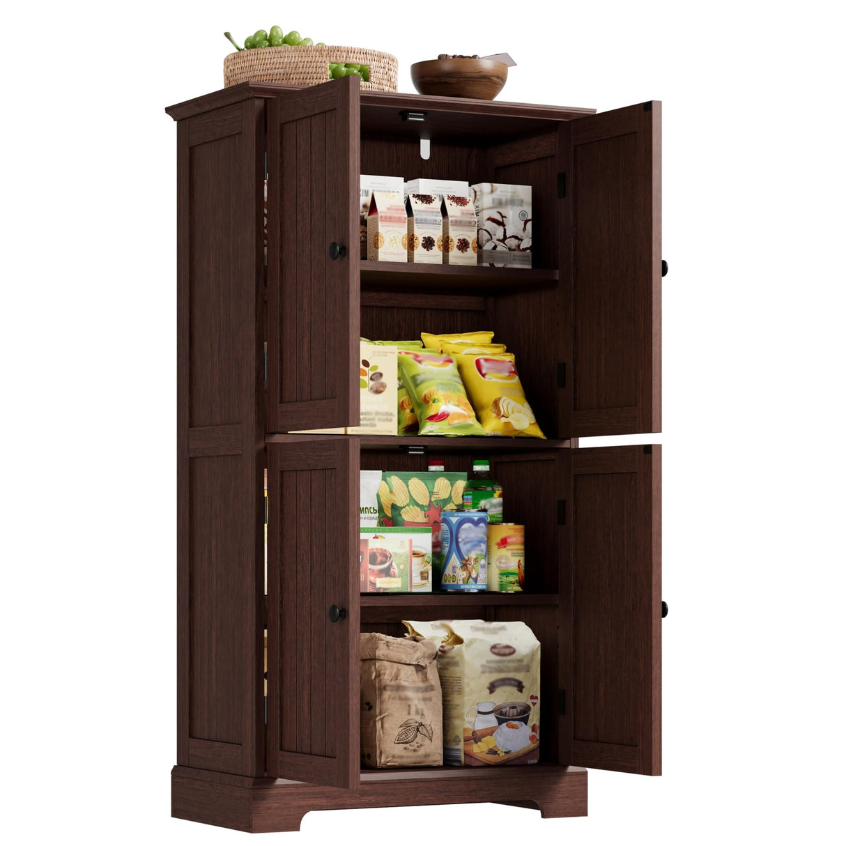 ChooChoo Bathroom Floor Cabinet, Farmhouse Bathroom Storage Cabinet with 4 Doors and Adjustable Shelves, Pantry Cabinet for Living Room, Kitchen, Walnut ChooChoo