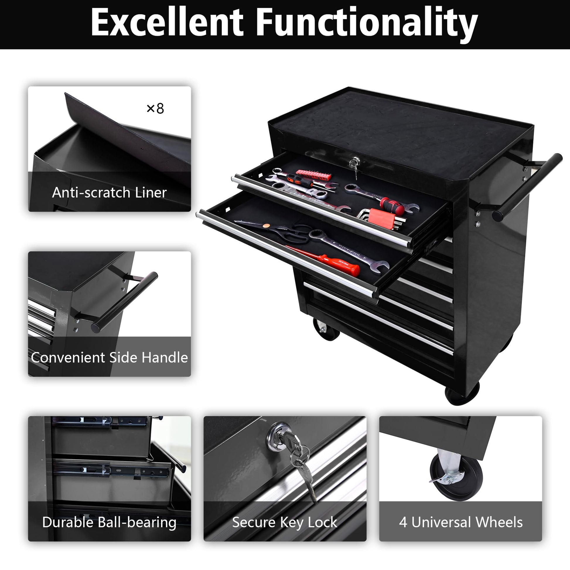 BouPower Rolling Tool Chest, 7-Drawer Rolling Tool Box with Interlock System and Wheels for Garage, Warehouse, Workshop, Repair Shop - WoodArtSupply