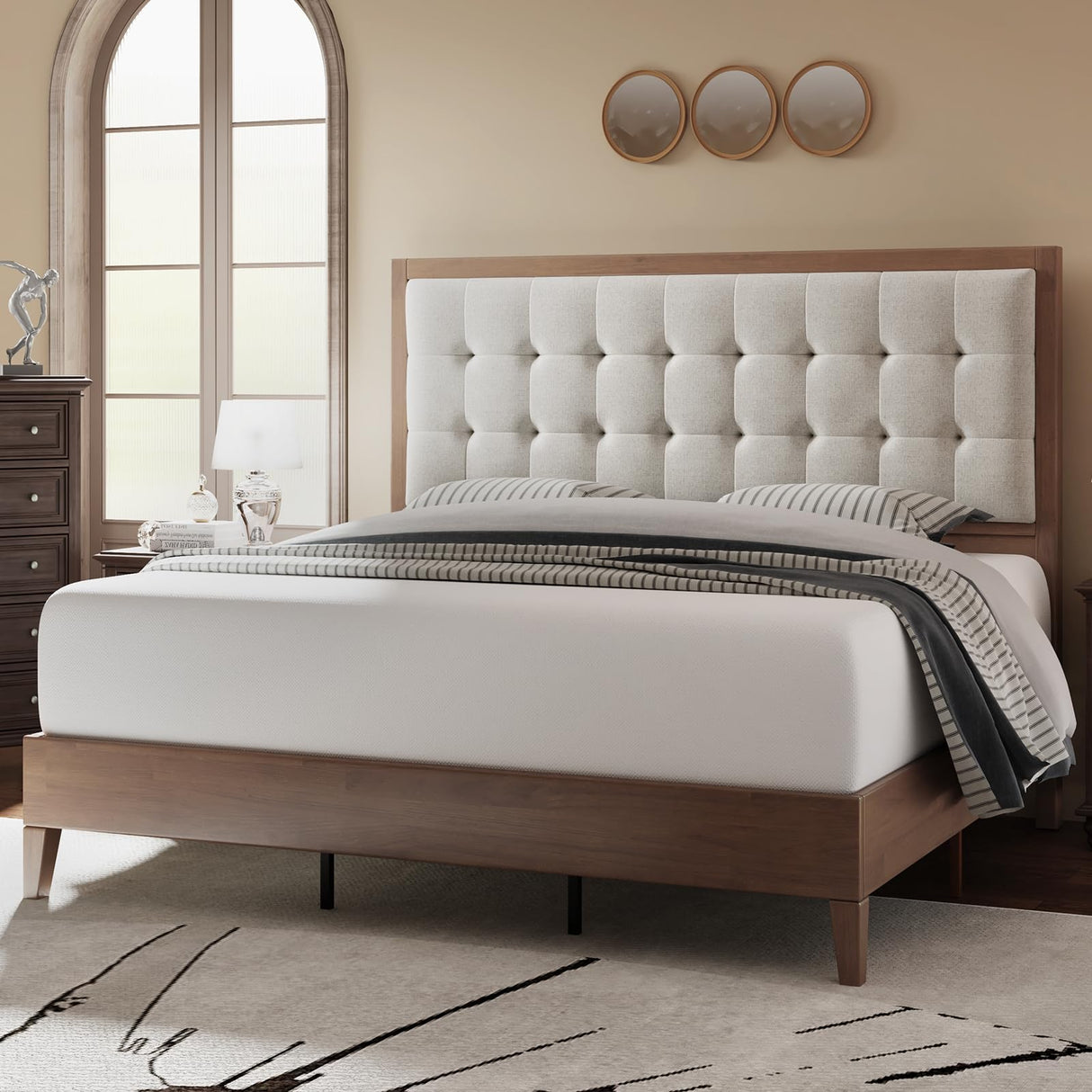 Jocisland Full Size Upholstered Wood Platform Bed Frame with Tufted Headboard in Walnut Jocisland