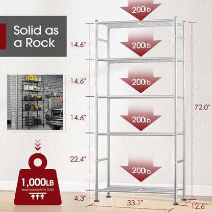 Sakugi Storage Shelves - 5 Tier Shelf Organizer, Heavy Duty Garage Shelving Unit with Leveling Feet, Stable Metal Shelves Organizer for Pantry, Kitchen and Closet, 33.1" W X 12.6" D X 72.0" H, Silver