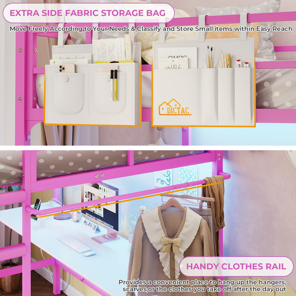 DICTAC Loft Bed Full Size with Desk and Led Lights Metal Full Loft Bed with Power Outlet Full Size Bed Frame with Top Bunk and Safety Guard & Ladder, Space-Saving,No Noise,No Box Spring Needed, Pink DICTAC