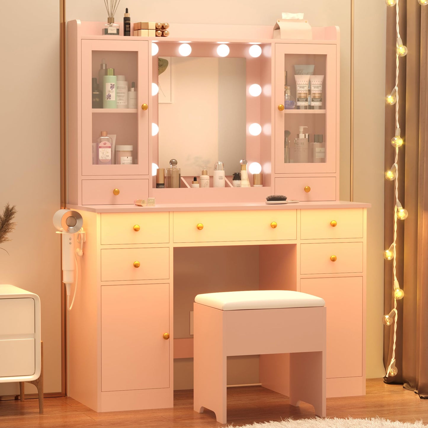 Wodeer Vanity Desk with Lighted Mirror & Power Strip,Makeup Vanity Table with RGB LED Lights & Chair,White Dressing Table Set with 7 Drawers & 2 Cabinet for Girls Women Bedroom & Dressing Room,Pink