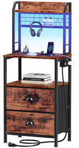 Furologee Tall Nightstand with Charging Station & LED Lights, 41'' Bedside Table with 2 Drawers & Pegboard, White Night Stand with Hooks & Folders, End Table with Shelves for Bedroom/Living Room Furologee