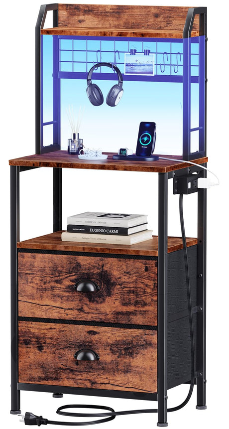 Furologee Tall Nightstand with Charging Station & LED Lights, 41'' Bedside Table with 2 Drawers & Pegboard, White Night Stand with Hooks & Folders, End Table with Shelves for Bedroom/Living Room Furologee