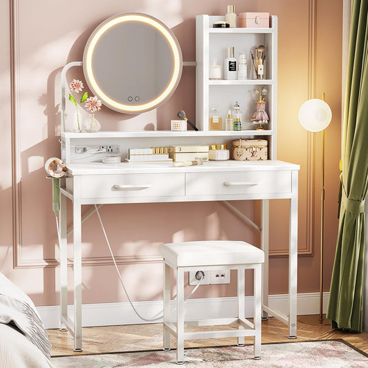 AODK Vanity Desk with Mirror and Lights, 32 Inch Makeup Vanity Mirror with Lights Desk and Chair, Small Vanity Desk Mirror for Bedroom, White Vanity Table with Fabric Drawers Makeup Table Des - WoodArtSupply