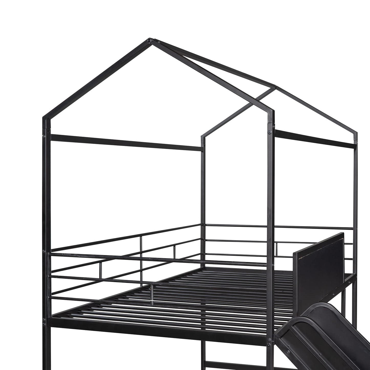 Twin House Loft Beds with Slide and Chalkboard, Low Loft Bed Twin Size, Metal House Bed with Guardrail and Ladder, Metal Twin Size Loft Bed for Kids Teens Girls Boys (Twin, Black)