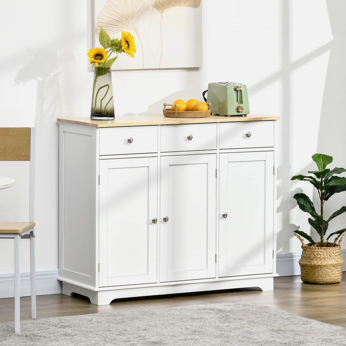 HOMCOM Sideboard with Solid Wood Countertop, Modern Kitchen Storage Cabinet, Coffee Bar Cabinet with 3 Drawers, Doors and Adjustable Shelf, White HOMCOM
