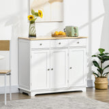 HOMCOM Sideboard with Solid Wood Countertop, Modern Kitchen Storage Cabinet, Coffee Bar Cabinet with 3 Drawers, Doors and Adjustable Shelf, White HOMCOM