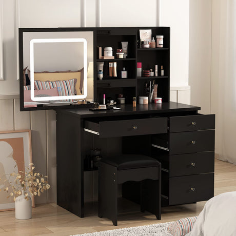 Homsee Vanity Desk Set Makeup Table with Large Sliding Lighted Mirror, Dressing Table with 5 Drawers, Storage Shelves & Cushioned Stool for Bedroom, Black Homsee