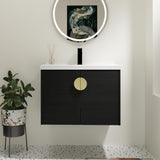 SSLine Modern 28" Floating Bathroom Vanity with Sink Wall Mounted Bathroom Vanity with Top Basin & Storage Cabinet Luxury Black Wood Hanging Vanity w/Ceramic Sink & Gold Handles for Small Space SSLine
