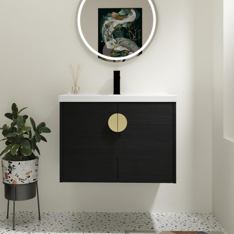SSLine Modern 28" Floating Bathroom Vanity with Sink Wall Mounted Bathroom Vanity with Top Basin & Storage Cabinet Luxury Black Wood Hanging Vanity w/Ceramic Sink & Gold Handles for Small Space SSLine