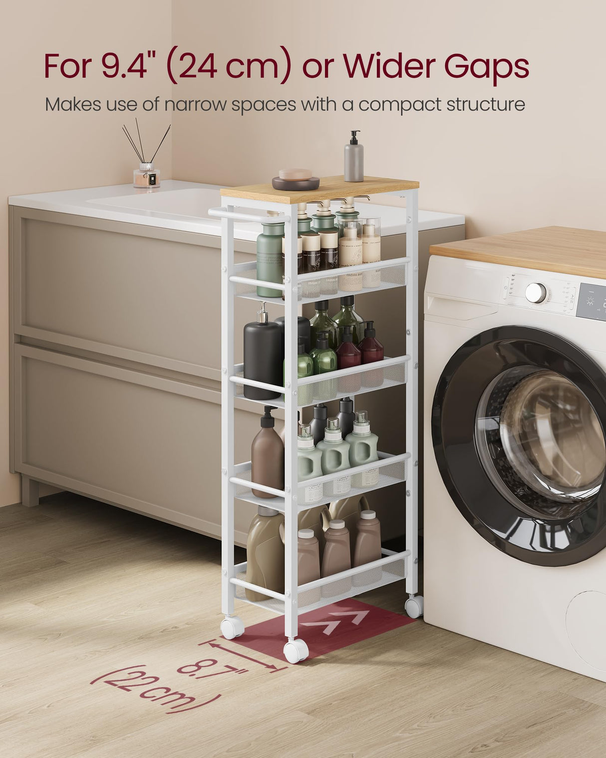 VASAGLE Slim Rolling Cart, 5-Tier Storage Cart, Narrow Cart with Handle, 8.7 Inches Deep, Metal Frame, for Kitchen, Dining Room, Living Room, Home Office, Oak Beige and Classic White ULRC035W09 VASAGLE