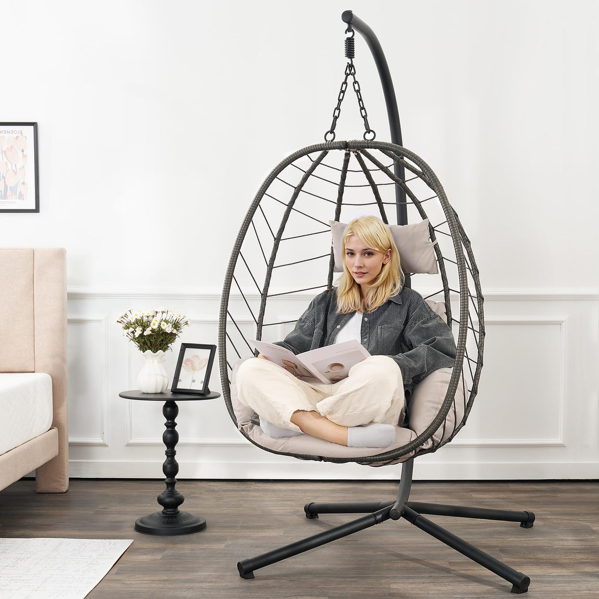 ONBRILL Hanging Egg Chair with Stand, Outdoor Indoor Egg Swing Chair with Cushion Headrest, Rattan Wicker Egg Chair with Dual Chains, 350LBS Capacity for Patio, Porch, Balcony, Bedroom (Khaki) ONBRILL