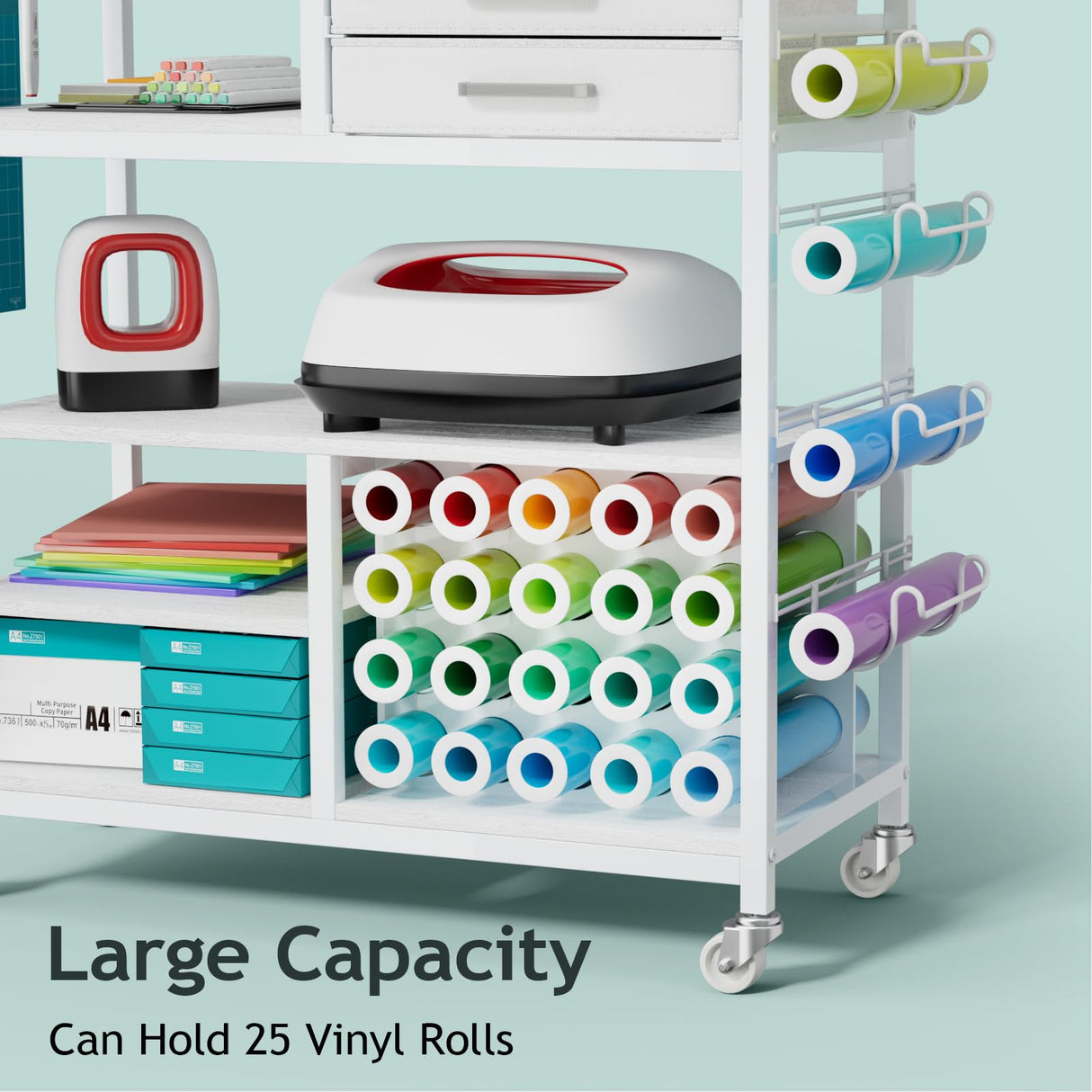 Craft Cart and Organizer Table Compatible with Cricut - Rolling Storage Cart/Shelf with 20 Vinyl Roll Holders, 3 Fabric Drawer, Accessories Holder, Tool Hook for Craft Room Home,Office Homsorout