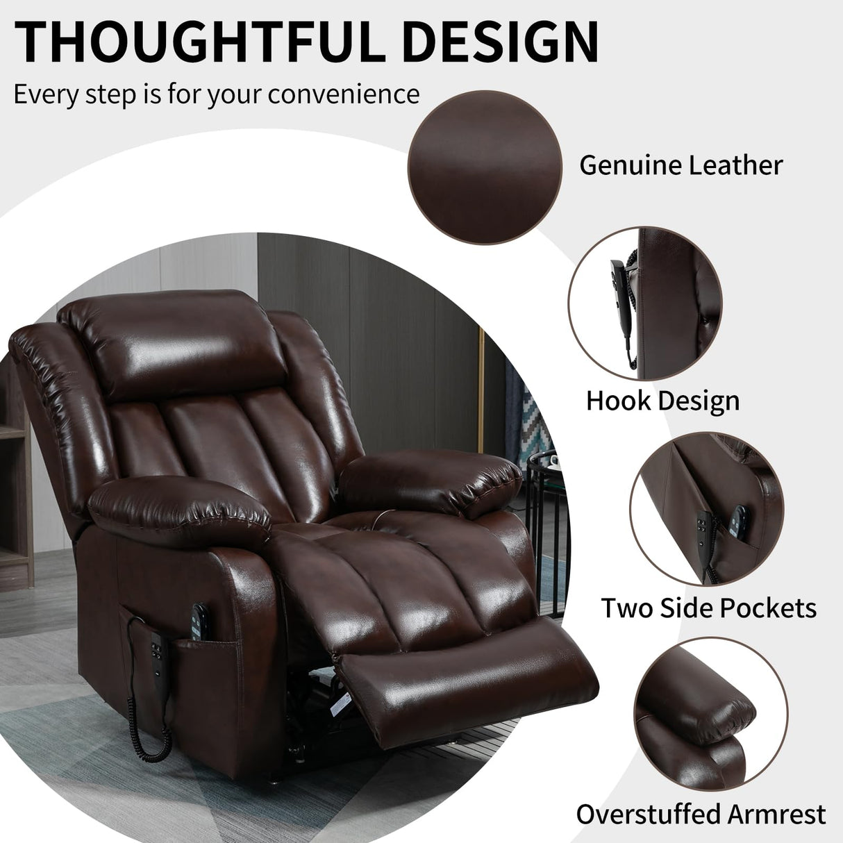 EZZUP Power Lift Chairs for Elderly, Dual Motor Oversized Recliner with 8-Point Vibration Massage and Lumbar Heating, Genuine Leather Electric Recliner Chairs, Antique Brown Recliner EZZUP