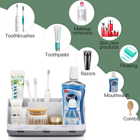 GFWARE Marble Bathroom Countertop Organizer - Detachable 7 Slots Kids Electric Toothbrush and Toothpaste Holde Drainage for Bathroom Accessories Organization Counter Vanity Storage, Grey GFWARE