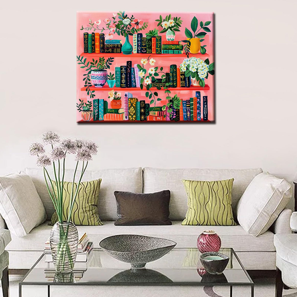 Bookshelf Book Theme Pink Library Paint by Numbers Kits for Adult Paint by Numbers Boho Painting Kits on Canvas with Brushes and Acrylic Pigment for Home Wall Decor Without Framed 16''W x 20''H Aihonmin