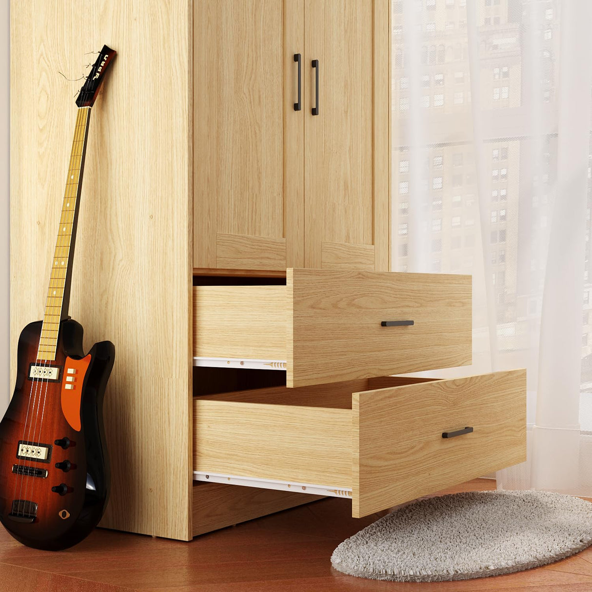 Fddevelop Wood White Wardrobe Closet with 2 Doors，Bedroom Freestanding Armoire Storage Cabinet with Shelves，Wooden Wardrobe Combination for Hanging Clothes (Wood Grain) (Wood Grain and 2 Drawer) Fddevelop