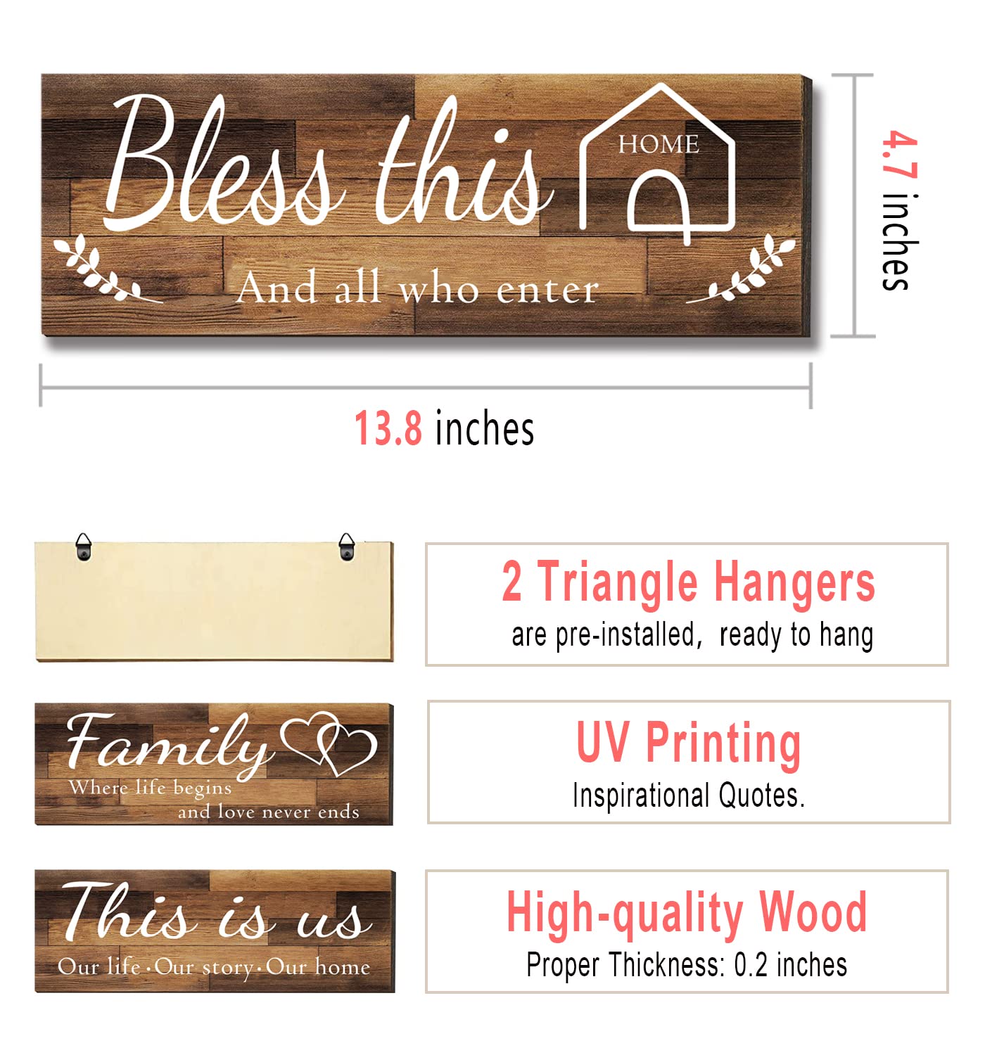 4 Pieces Home Wall Signs, THIS IS US/TOGETHER/BLESS THIS HOME/FAMILY Wall Decor For Living Room Bedroom, Rustic Wooden Farmhouse Wall Art , 4.7 x 13.8 Inch(Brown)