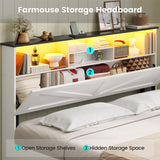 AOGLLATI Farmhouse Queen Bed Frame with 4 Storage Drawers and Led Lights, Wooden Bed Frame Queen Size with Hidden Space Bookcase Headboard and Led Lights & Metal Slats, White AOGLLATI