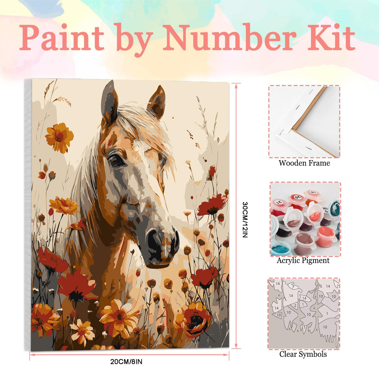 Auremi Horses Framed Paint by Number for Adults,DIY Animal Painting by Number Kits on Canvas Acrylic Oil Painting Kits for Adults Paint by Number Kits for Home Decor 20x30cm Auremi