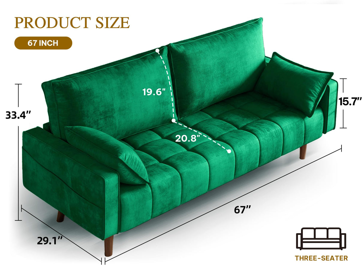 YITAHOME 67" Loveseat Sofa, Velvet Fabric Sofa Couch for Small Space, Modern Loveseat with Button Tufted Seat and Side Storage Pockect, 3 Seater Couch for Living Room Bedroom, 2 Pillow Included, Green YITAHOME