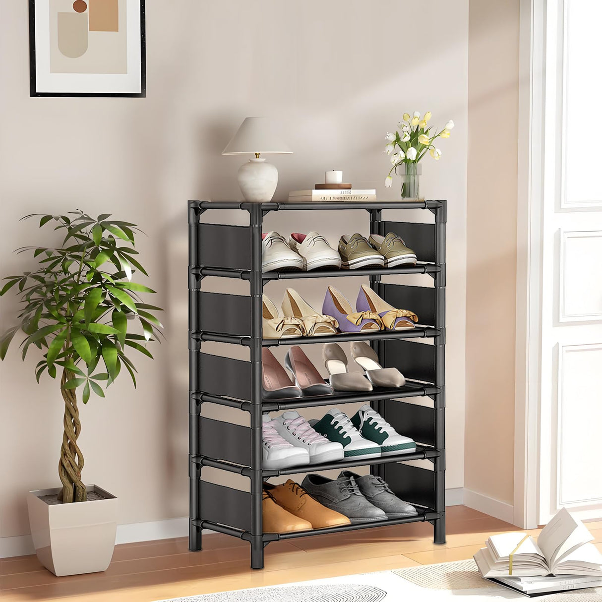 esonstyle 6 Tiers Vertical Shoe Rack Up to 12-16 Pairs, Sturdy Metal Narrow Shoe Rack Shoe Shelf, Space-Saving Tall Shoe Rack for Closet,Bedroom Hallway Garage Living Room esonstyle