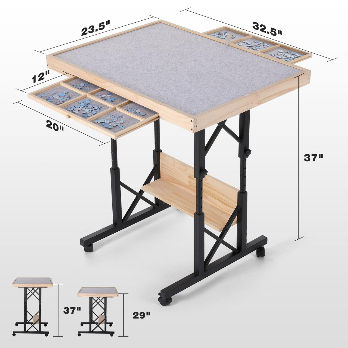 FUNTOK 1500 Piece Jigsaw Puzzle Table with Legs for Adults, Portable Wooden Puzzle Tables with Wheels, Drawers, Adjustable Height with Scales, 5-Tilting-Angle, Transparent Cover, Non-Slip Felt Surface FUNTOK