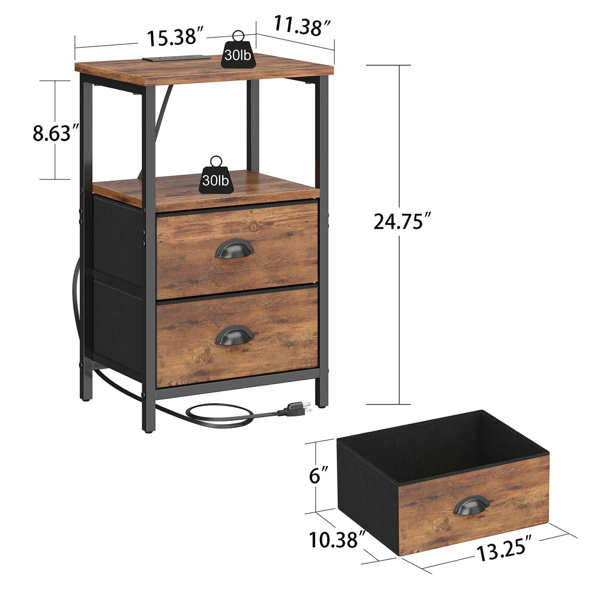 Sthmec Rustic Brown Industrial Nightstand Set of 2, Bedside Table with 2 Fabric Drawers, 3-Tier Storage, LED Light, Charging Station, 11.38''D * 15.38''W* 24.75''H sthmec