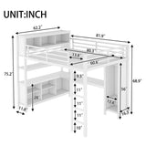 Queen Loft Bed with Wardrobe Metal Loft Bed with Desk and Storage Shelves Space-Saving Heavy Duty Loft Bed for Kids, Teens, Adults, No Spring Box Needed, White Bellemave