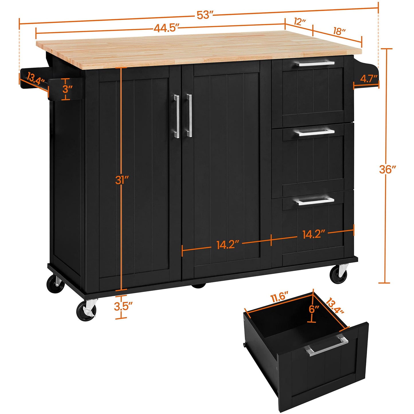 Yaheetech Black Kitchen Island Cart with Drop-Leaf Countertop, Storage Cabinet, and 3 Drawers on Wheels - WoodArtSupply