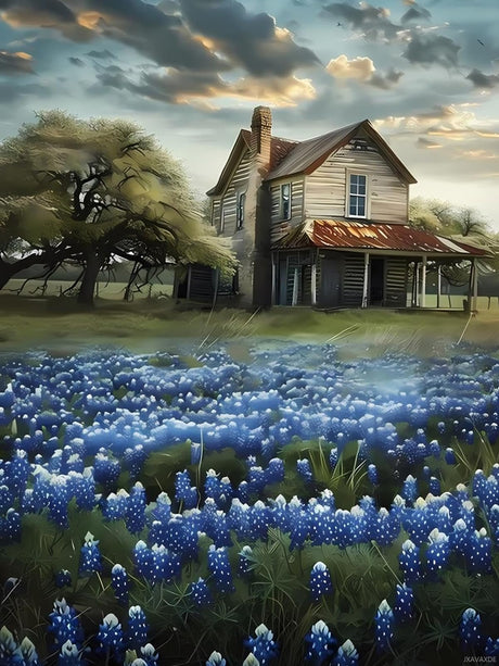 DIY 5D Diamond Painting Kits for Adults Diamond Art Bluebonnets On Field Rhinestone Diamond Embroidery Field Craft Kits for Living Room Bedroom Wall Decor Gift 12x16 inch JXAVAXDE