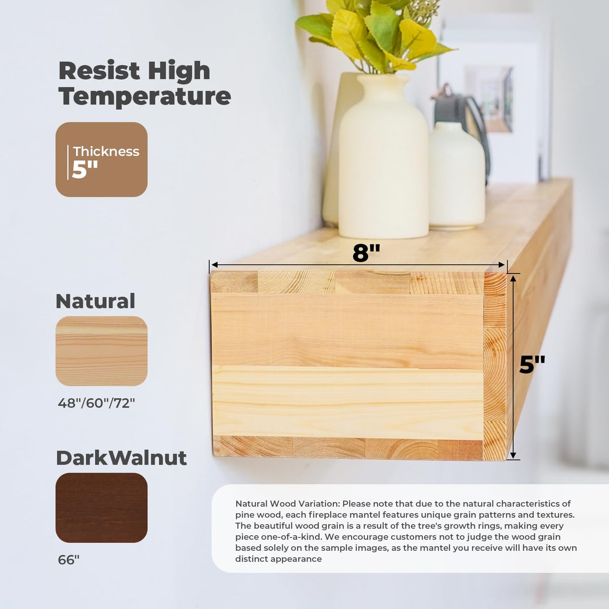 TECANA Fireplace Mantel 60 Inches - Rustic Floating Mantel Shelf - Solid Wood Mantel with Invisible Support Bracket - Wall Mantel Shelf for Farmhouse (60" L x 8" D x 5" H, Natural) TECANA