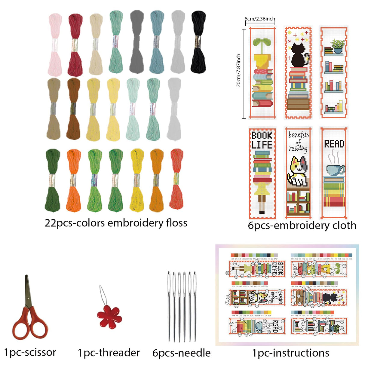 FREEBLOSS 6 Set Cross Stitch Bookmark Kit Cross Stitch Kit Cute Stamped Embroidery Bookmark with Instruction for Adults DIY Stitching Kits 8''x2.4'' FREEBLOSS