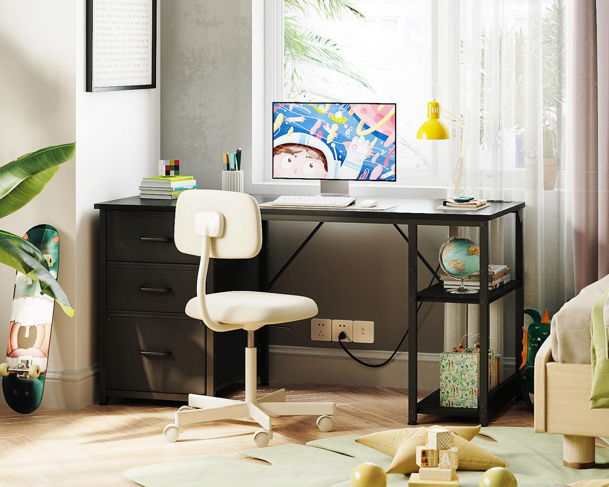 AODK 51 Inch Computer Desk with Fabric Drawers & USB Power Outlets, Reversible Home Office Desk with Storage Shelves, Work from Home, Modern Work/Writing/Study Table for Bedroom, Black AODK