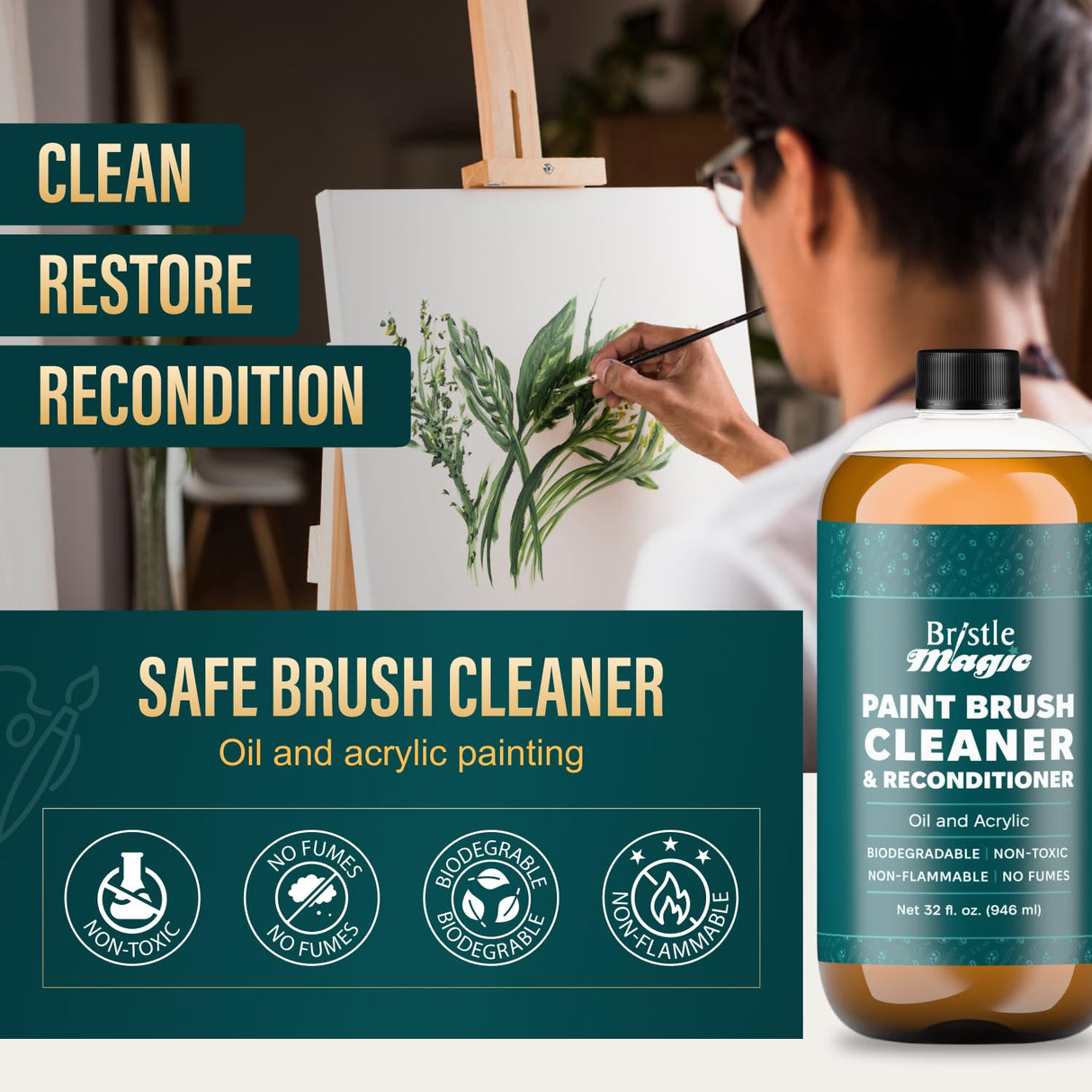 Bristle Magic Oil Paint Brush Cleaner and Restorer-Paintbrush Cleaner for Acrylic, Oil, and Glass Paints-Biodegradable, Non-Toxic, Odorless, Eco-Friendly, Quick-Clean Formula Paint Remover (32 Fl Oz) Bristle Magic