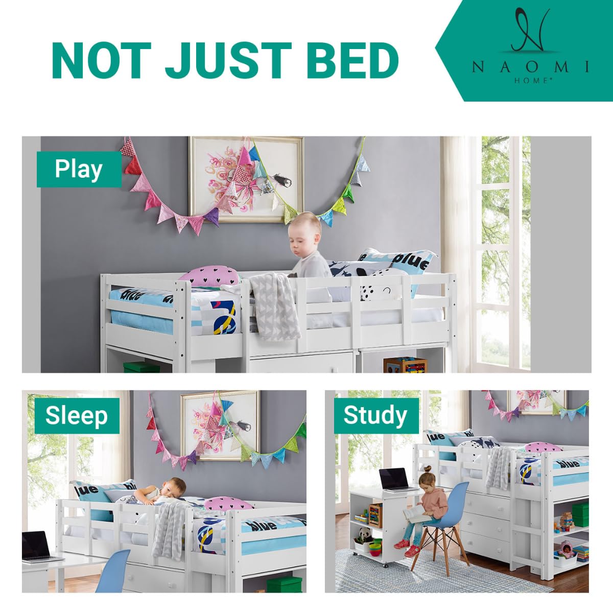 Naomi Home Twin Size Loft Bed with Storage, Desk, Cabinet Ladder, Low Study Pine Wood for Kids, Safety Guard Rails, Bookcase Shelf, White Naomi Home