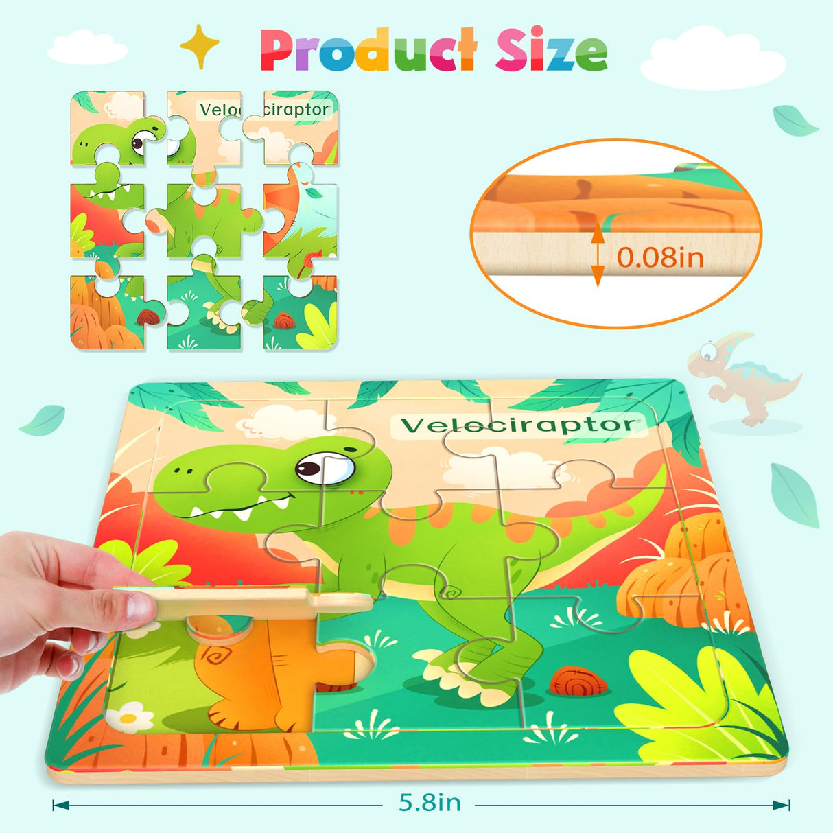 Zeoddler Wooden Puzzles for Toddlers, 8 Pack Dinosaur Jigsaw Puzzles for Kids3-5, 9 Pieces Preschool Learning Activities, Learning & Educational Puzzles, Gift for Boys, Girls Zeoddler