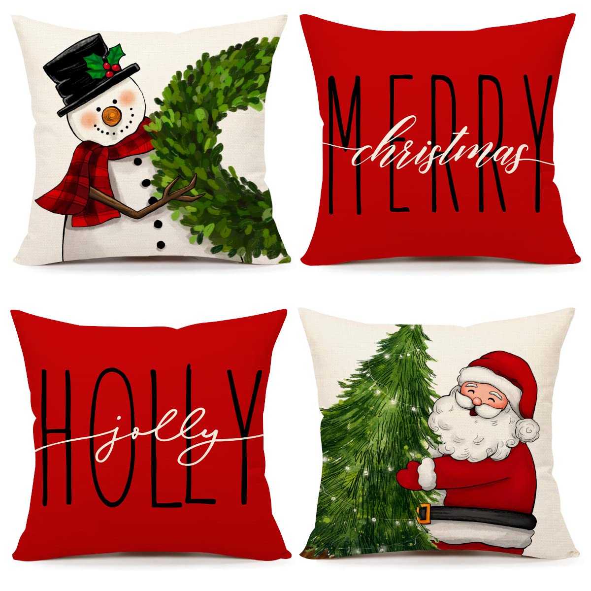Red Christmas Pillow Covers 18x18 Set of 4 Farmhouse Christmas Decorations Snowman Wreath Santa Claus Tree Merry Christmas Holly Jolly Winter Holiday Decor Throw Cushion Case for Home Couch S22C17 4TH Emotion