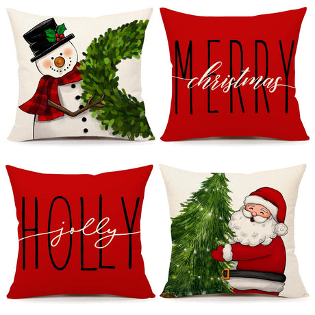 Red Christmas Pillow Covers 18x18 Set of 4 Farmhouse Christmas Decorations Snowman Wreath Santa Claus Tree Merry Christmas Holly Jolly Winter Holiday Decor Throw Cushion Case for Home Couch S22C17 4TH Emotion