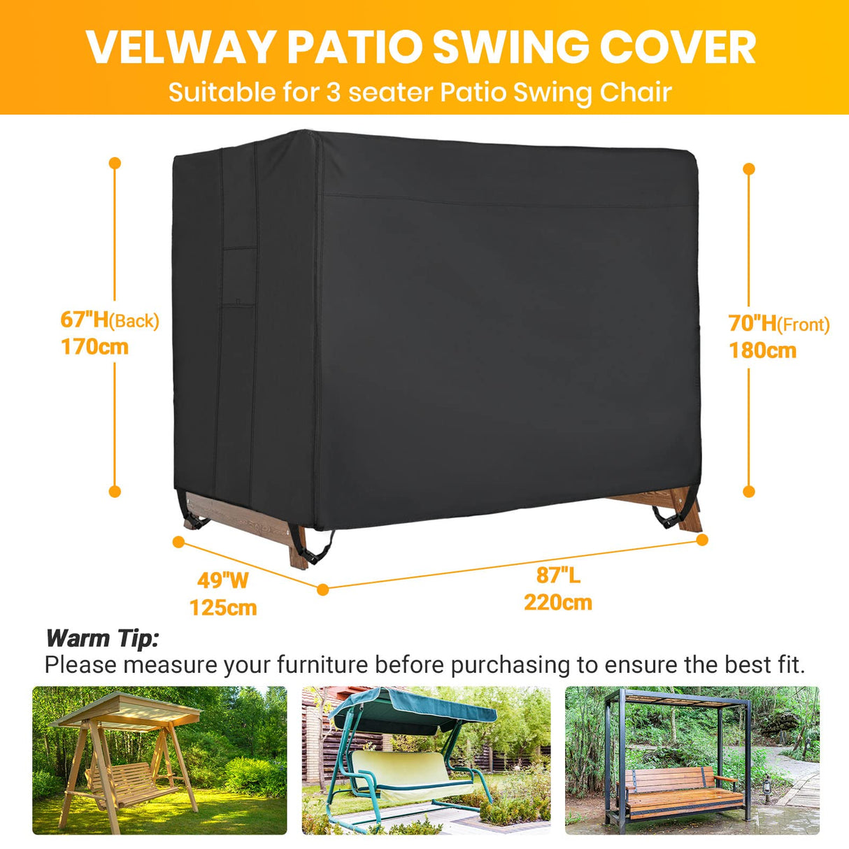 Velway Outdoor Swing Cover 3 Triple Seater Waterproof Patio Hammock Cover 87x49x70 All Weather Windproof Glider Chair Cover for Garden Furniture, Black Velway