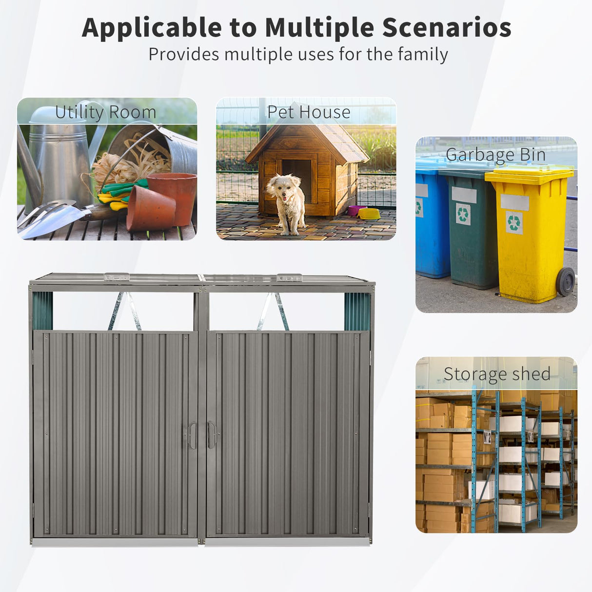 Outdoor Trash Can Storage, Storage Shed for 2 Trash cans and Tools,Waterproof Garbage Bin shed,Metal Trash Can Storage Shed Outdoor for Garden Yard(Light Grey-2 Doors) IMagacFun